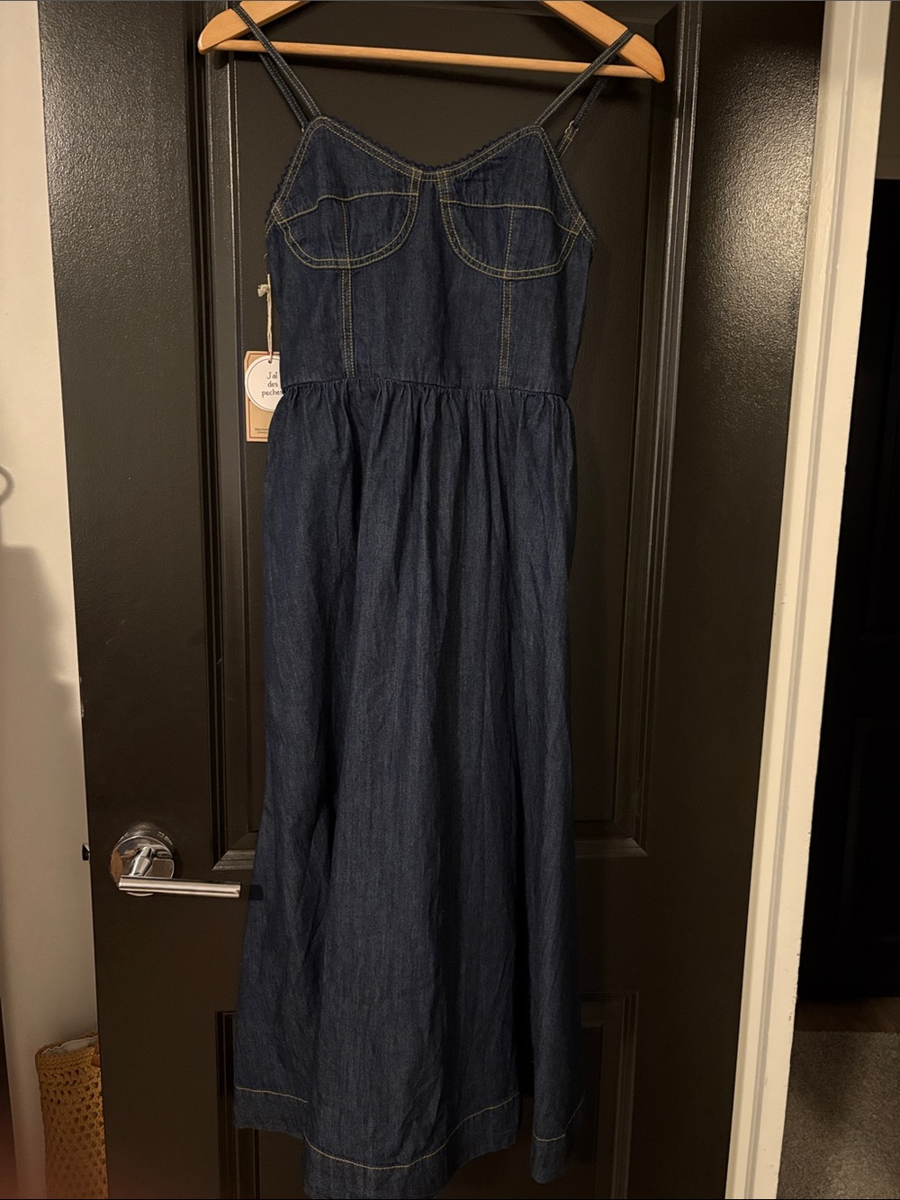 Denim Maxi Dress with Spaghetti Straps - Dark Blue